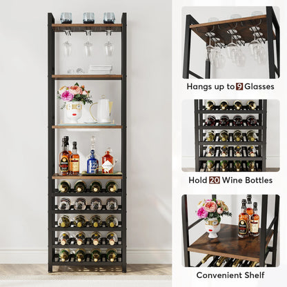 MonoWood 20 Bottle Wine Bakers Rack, 9 Tier Freestanding Wine Rack with Glass Holder and Storage Shelves