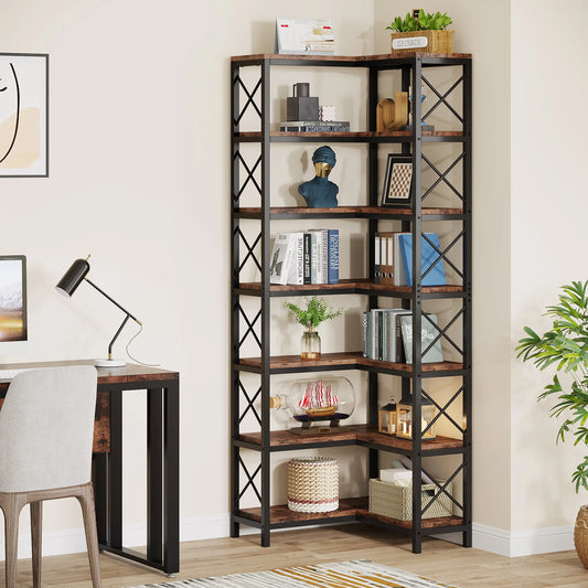 MonoWood 7-Shelf Corner Bookshelf,Large Modern Corner Bookcase, 7-Tier Tall Corner Shelf Storage Display Rack with Metal Frame