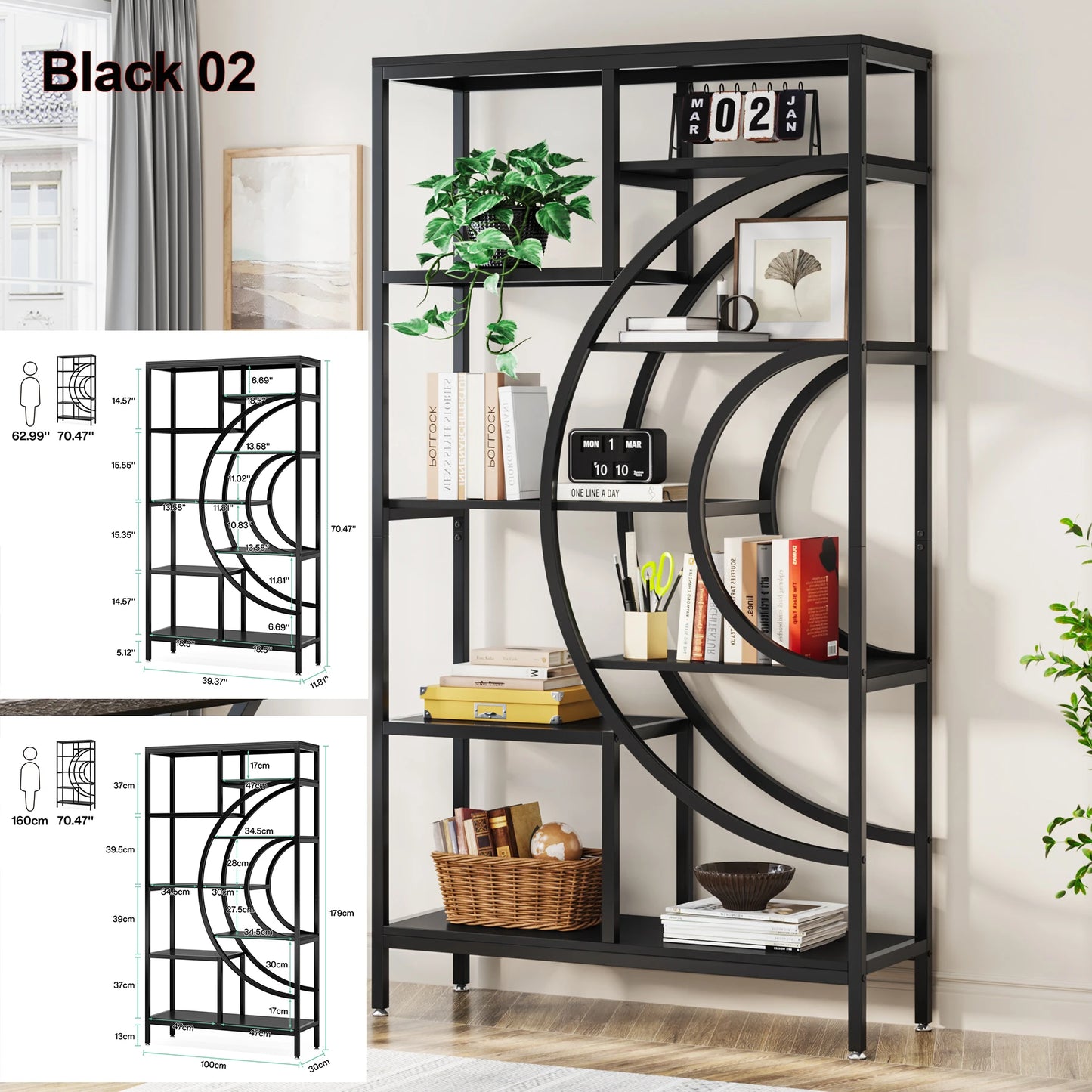 MonoWood Bookshelf Industrial 5 Tier Etagere Bookcase, Freestanding Tall Bookshelves Display Shelf Storage Organizer