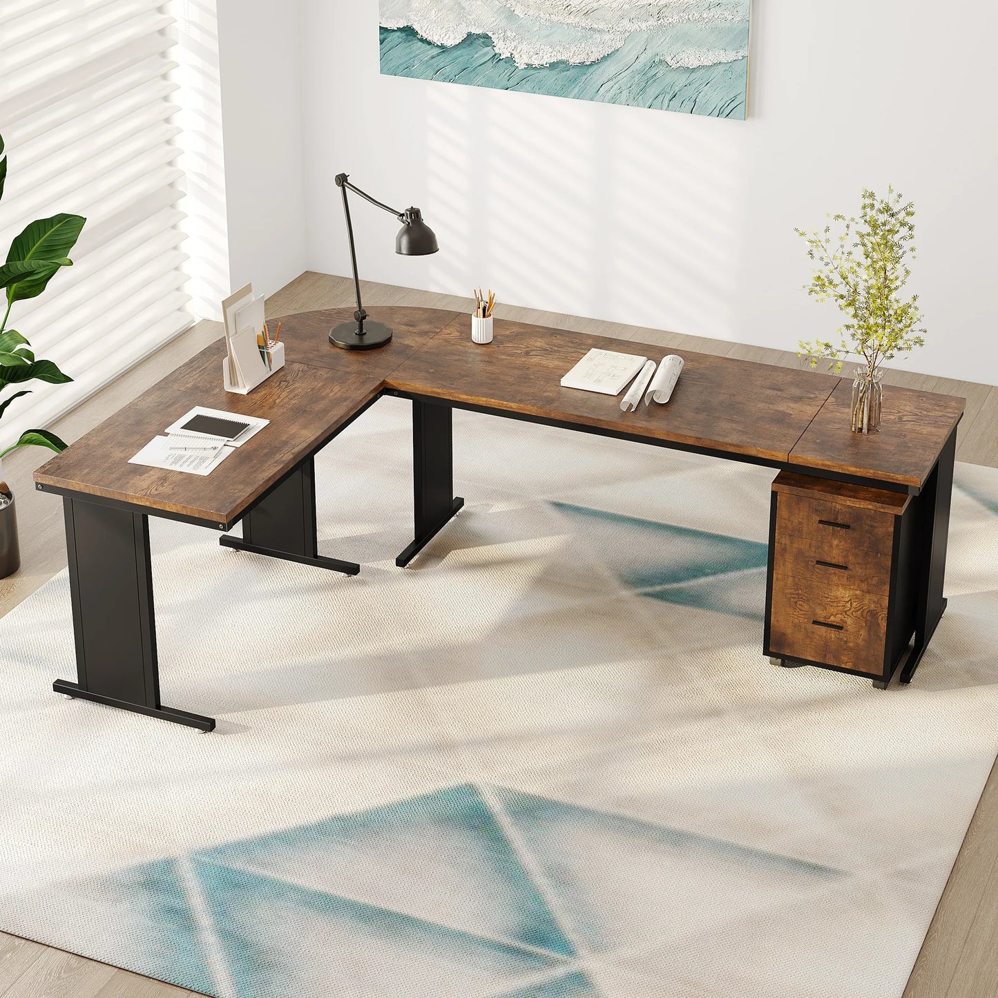 MonoWood L-Shaped Executive Desk, Large Office Desk with 3-Drawer File Cabinet, Industrial Corner Computer Table with Drawers