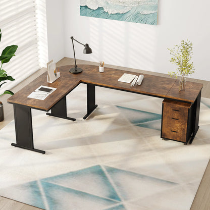 MonoWood L-Shaped Executive Desk, Large Office Desk with 3-Drawer File Cabinet, Industrial Corner Computer Table with Drawers
