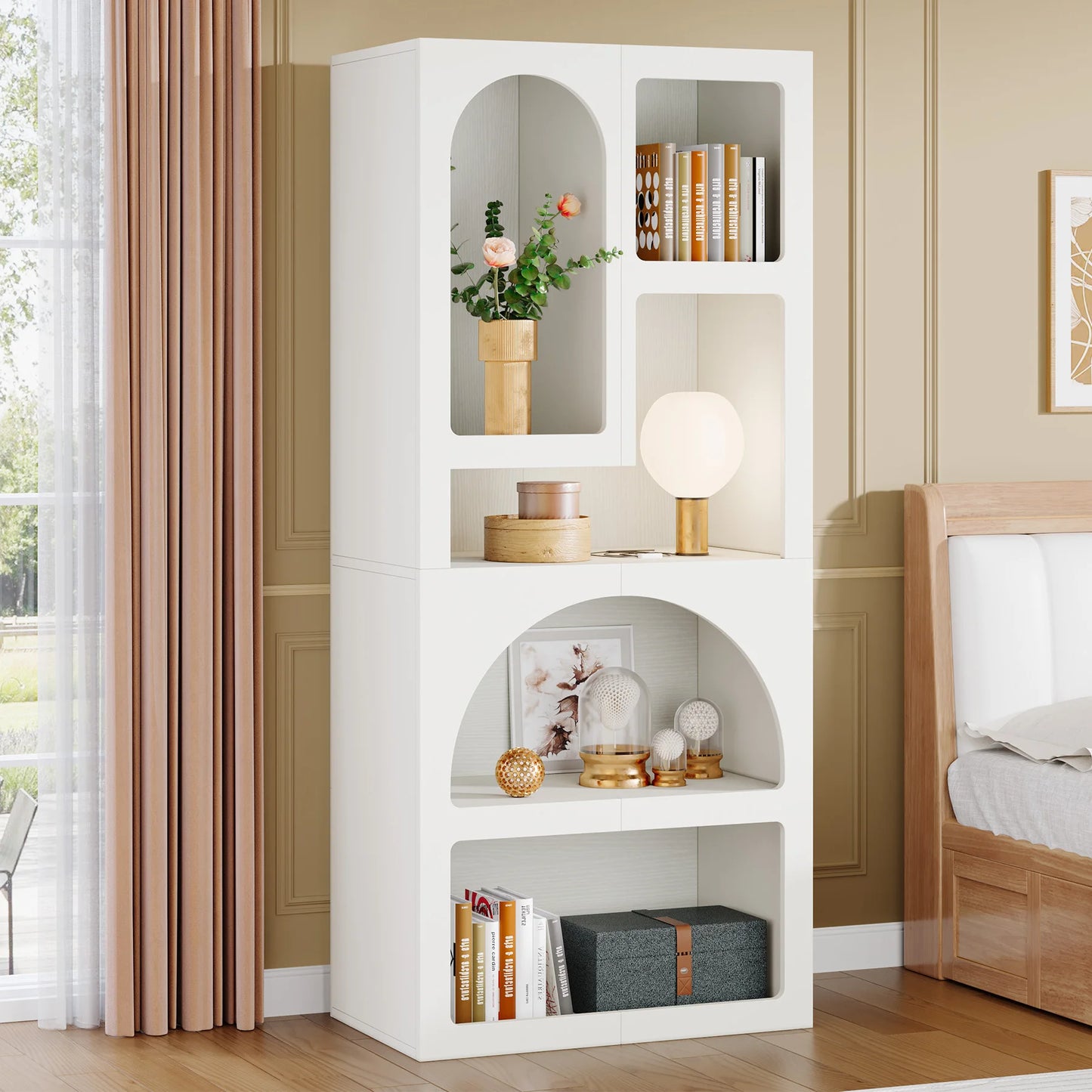 MonoWood 70.87" Tall Geometric Bookshelf, White Arched Bookcase with 5 Irregular Storage Shelves, Modern Open bookcase