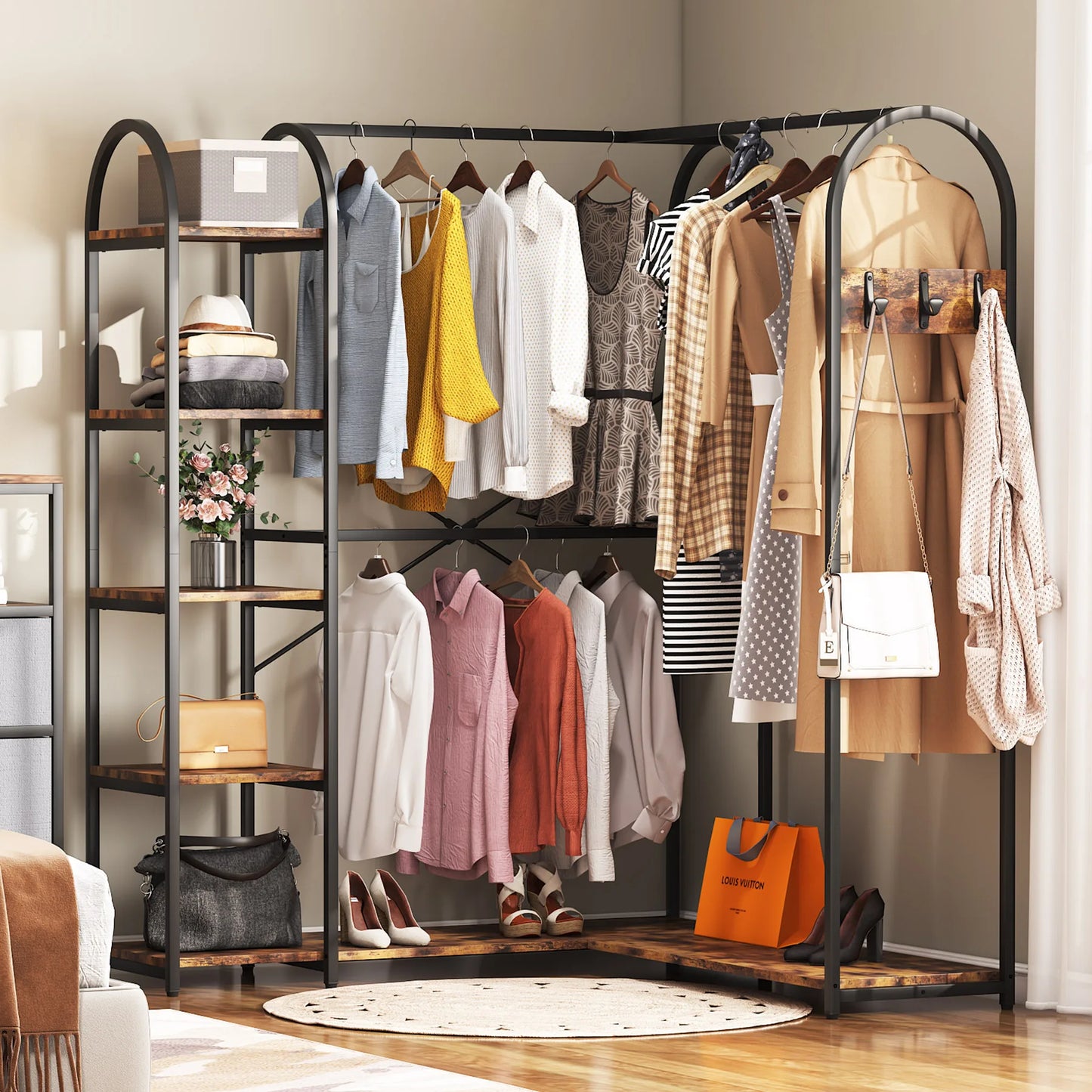 MonoWood L Shape Clothes Rack, Corner Garment Rack with Storage Shelves and Hanging Rods, Space-Saving Open Wardrobe Closet