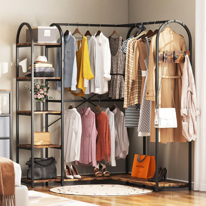 MonoWood L Shape Clothes Rack, Corner Garment Rack with Storage Shelves and Hanging Rods, Space-Saving Open Wardrobe Closet