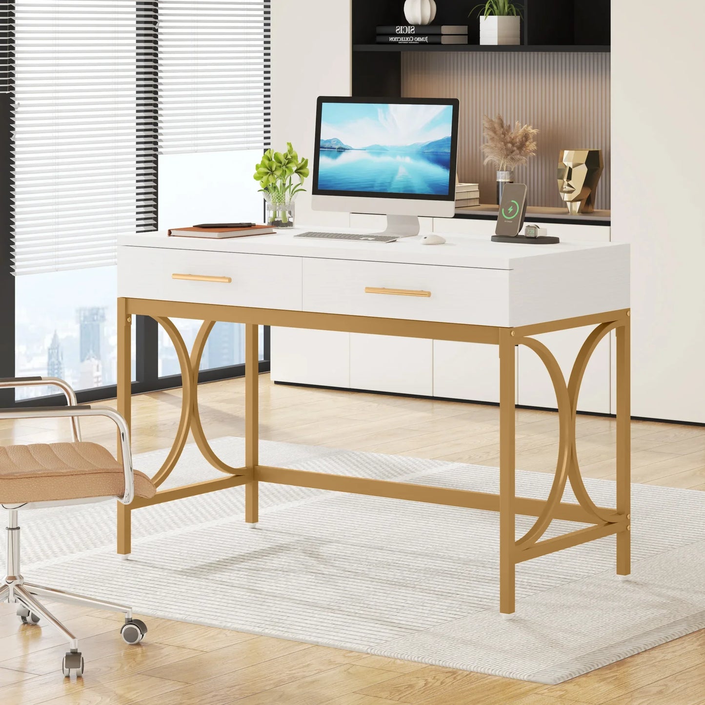 MonoWood 41" Gold Computer Desk with 2 Drawers, Writing Office Desk Modern Makeup Vanity Table Office Desk with Geometric Meta