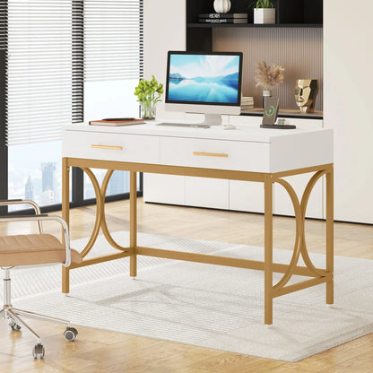 MonoWood 41" Gold Computer Desk with 2 Drawers, Writing Office Desk Modern Makeup Vanity Table Office Desk with Geometric Meta