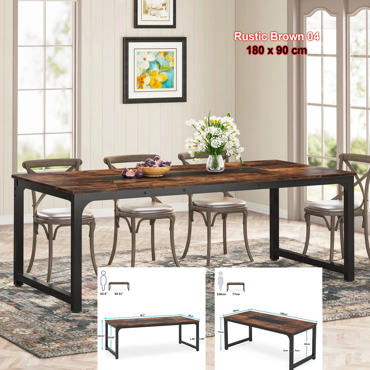 MonoWood 63"x31.5" Dining Table, Industrial Kitchen Table for 6-8 Person, Rectangular Dinner Table for Dining Room Kitchen