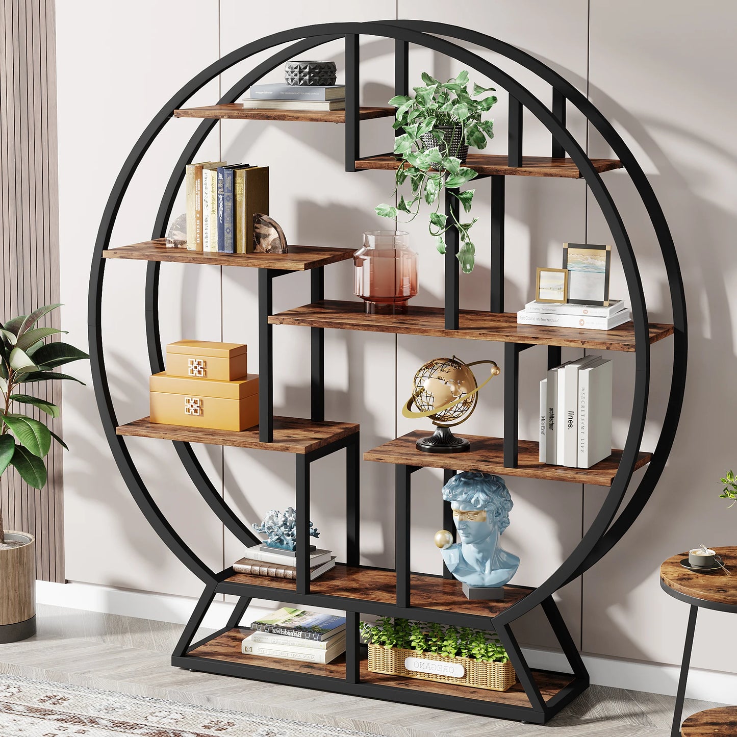 MonoWood Bookshelf, Round Bookshelves Etagere Bookcase, 63-Inch Industrial Wood Book Shelf with Staggered Shelves