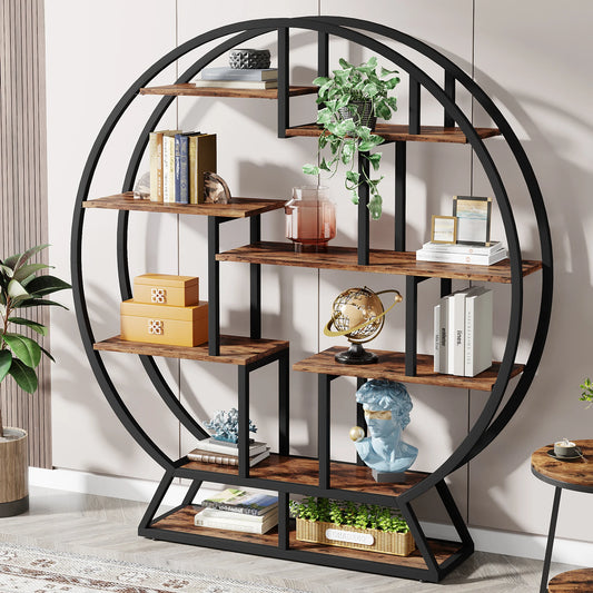 MonoWood Bookshelf, Round Bookshelves Etagere Bookcase, 63-Inch Industrial Wood Book Shelf with Staggered Shelves