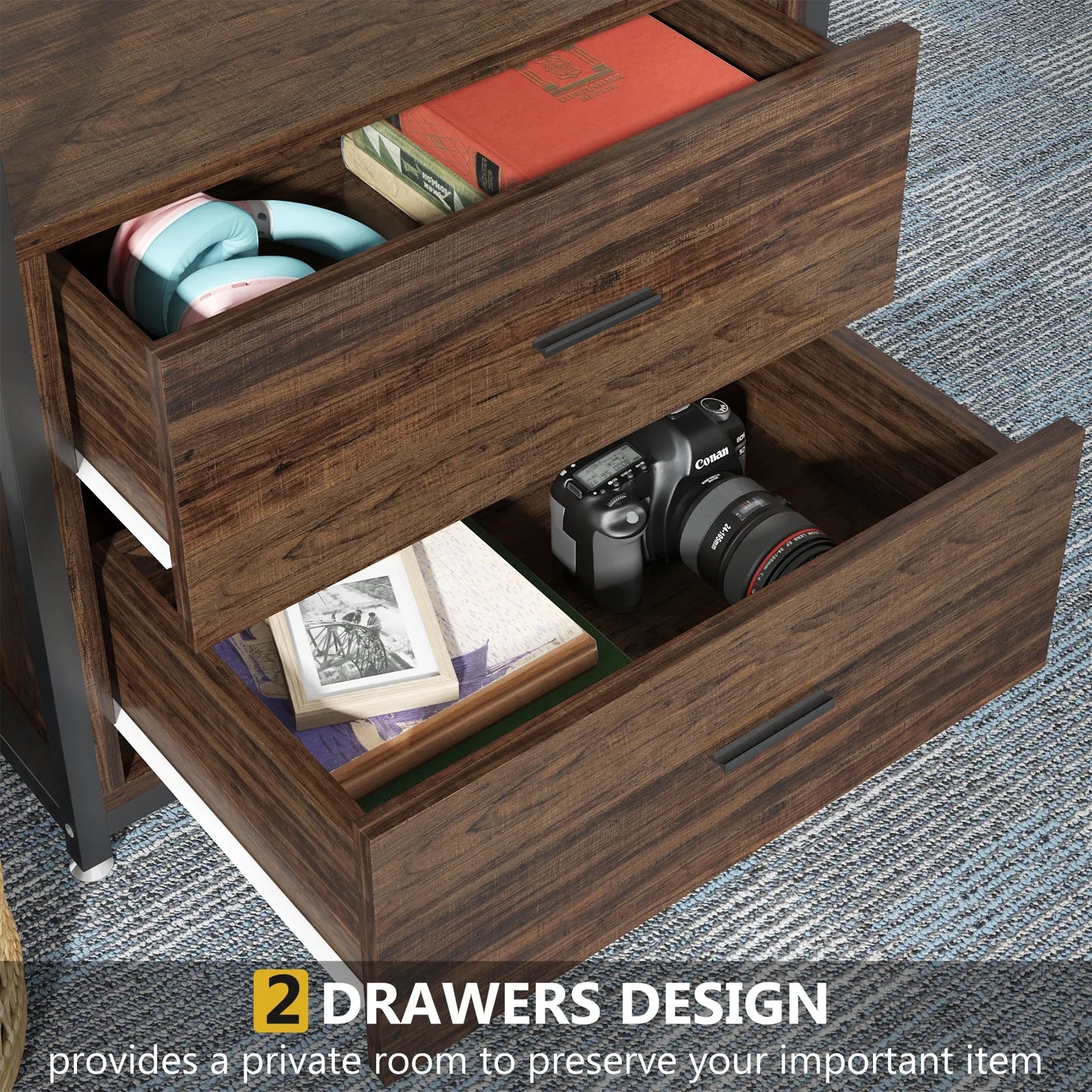 MonoWood Bookcase 4-Tier Rustic Bookshelf with 2 Drawers Etagere Standard Book Shelves Display Shelf