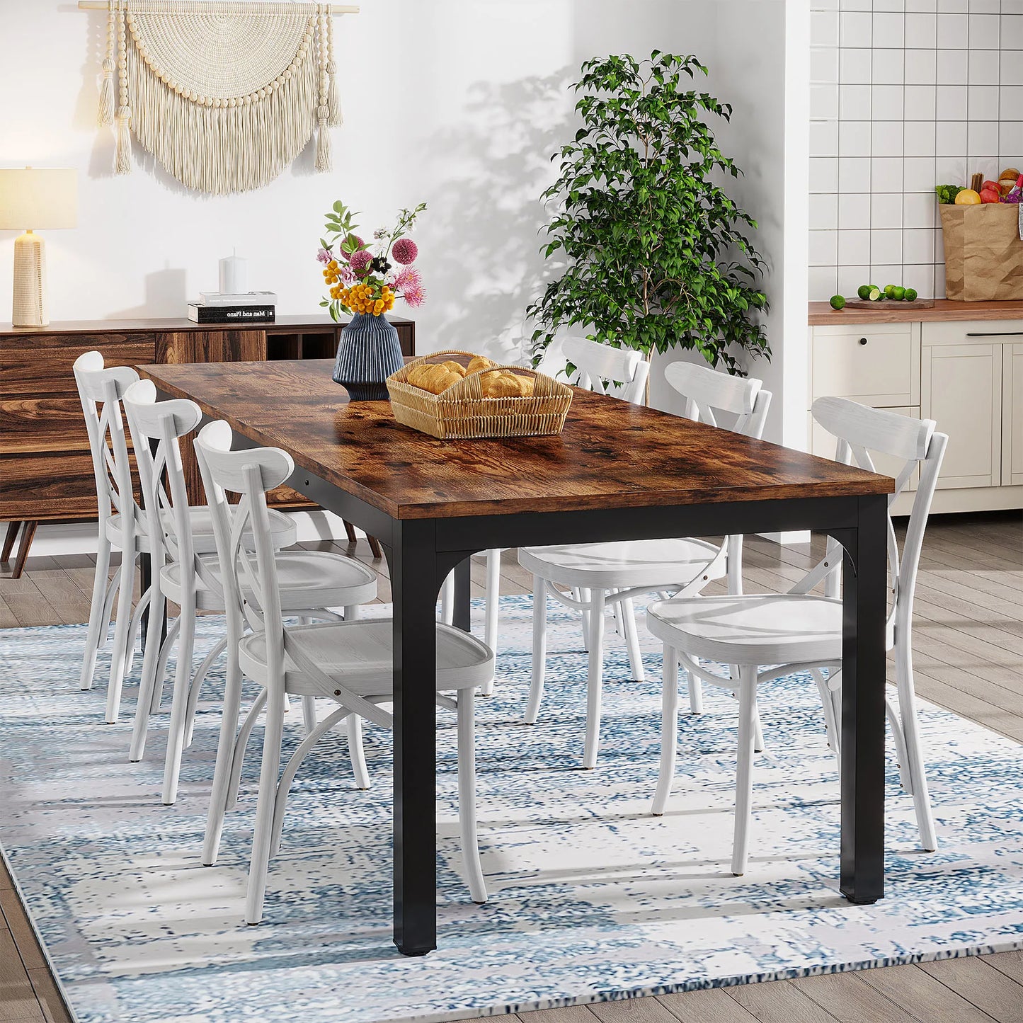 MonoWood Dining Table for 6-8 People, 200cm Large Narrow Long Rectangular Kitchen Dinner Table, Rustic Wood Dining Table