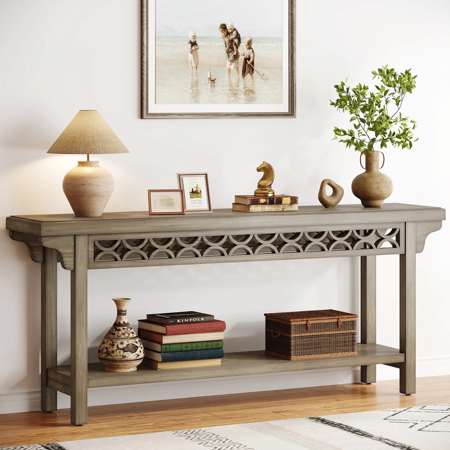 MonoWood 70.8-Inch Solid Wood Long Console Table, Farmhouse Entryway Table with Storage, Narrow Sofa Table Grey Couch Table