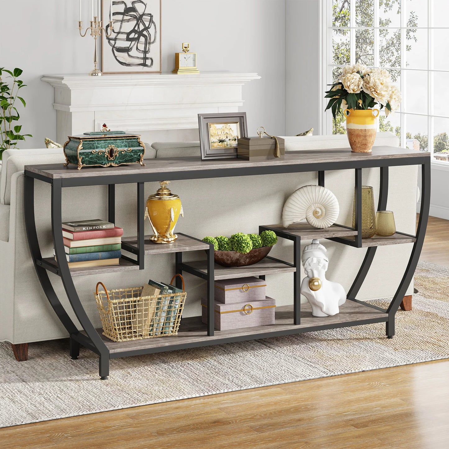 MonoWood 70.9 Inch Long Sofa Table with Shelves, Rustic Console Table with Storage, Industrial Entryway Table TV Stand