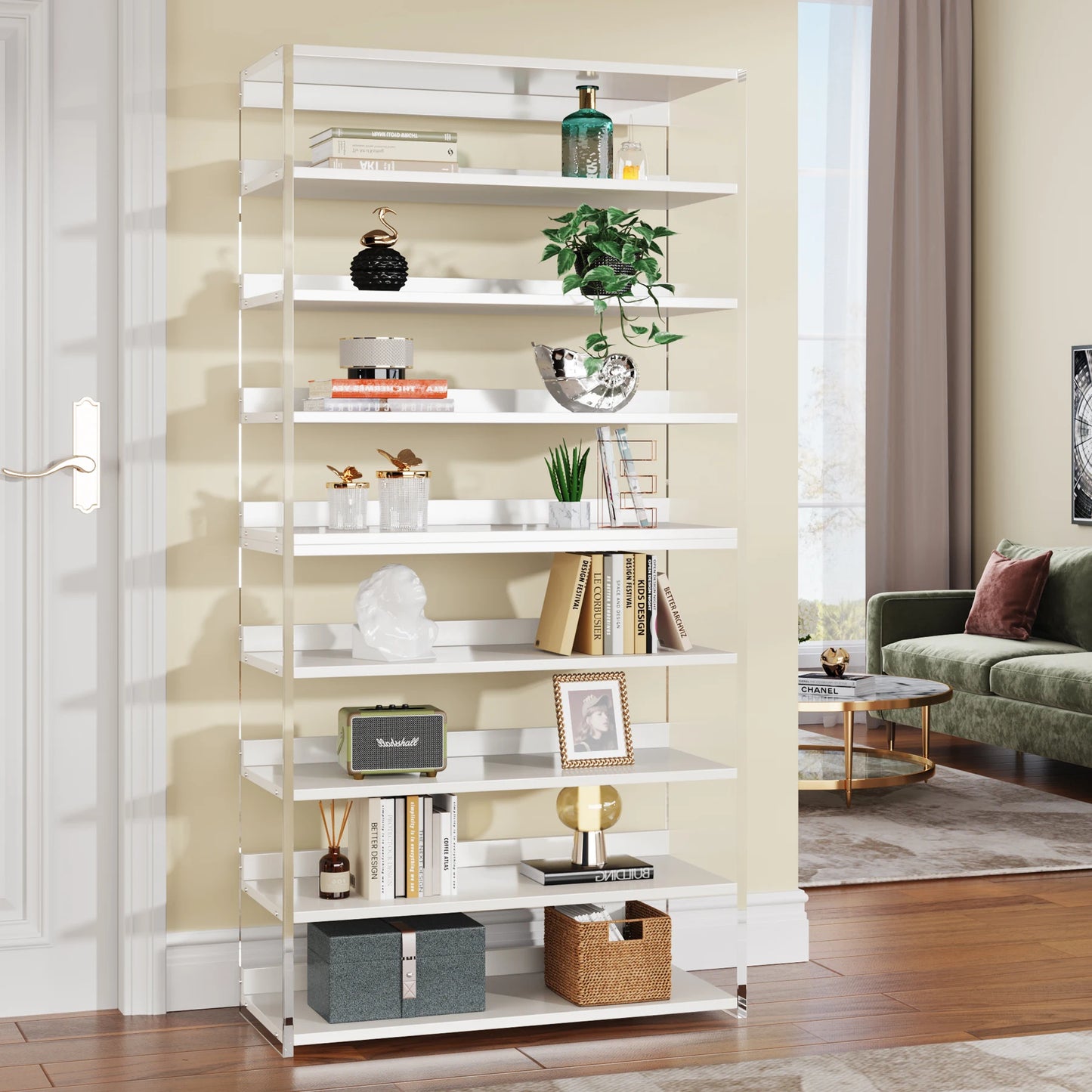 MonoWood 8-Tier Acrylic Bookshelf, Modern Bookcase with Wood Shelves, 63" Display Storage Rack for Living Room, Bedroom