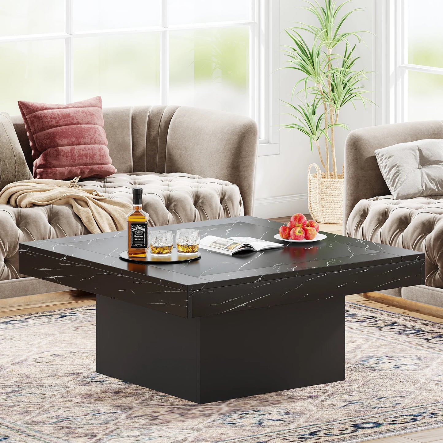 MonoWood Square LED Coffee Table Grey and White Engineered Wood Coffee Table Low Coffee Table for Living Room