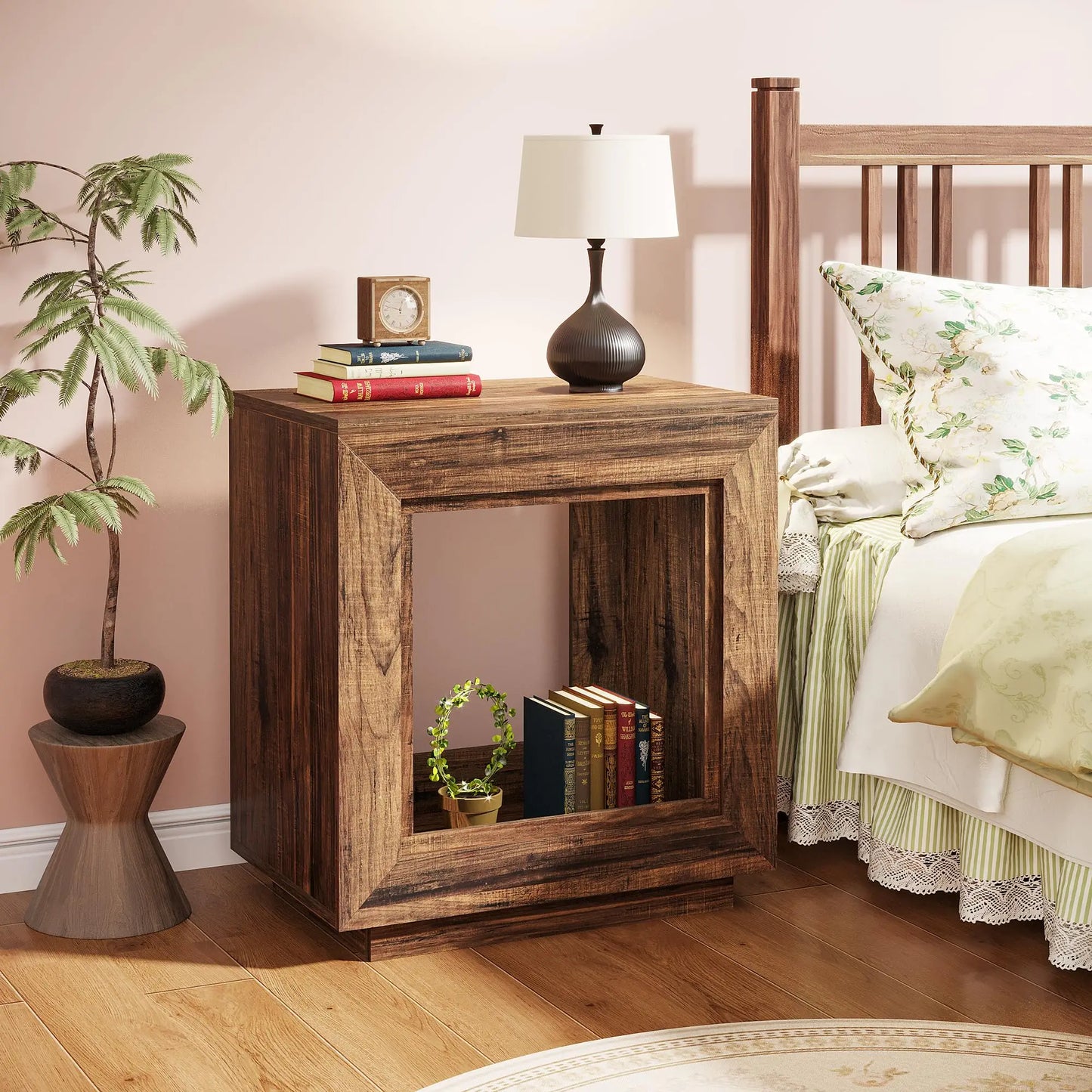 MonoWood Rustic Wood End Table, 2 Tiered Square Side Table with Storage Shelf, Industrial Sofa Side Table for Living Room, Ent