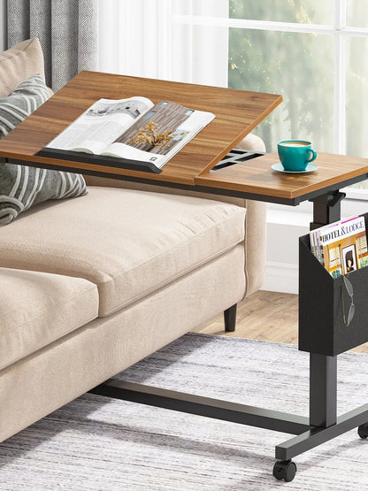 MonoWood Height Adjustable C Shaped End Table with Wheels and Side Pocket, Mobile Sofa Snack Table with Tiltable Drawing Board