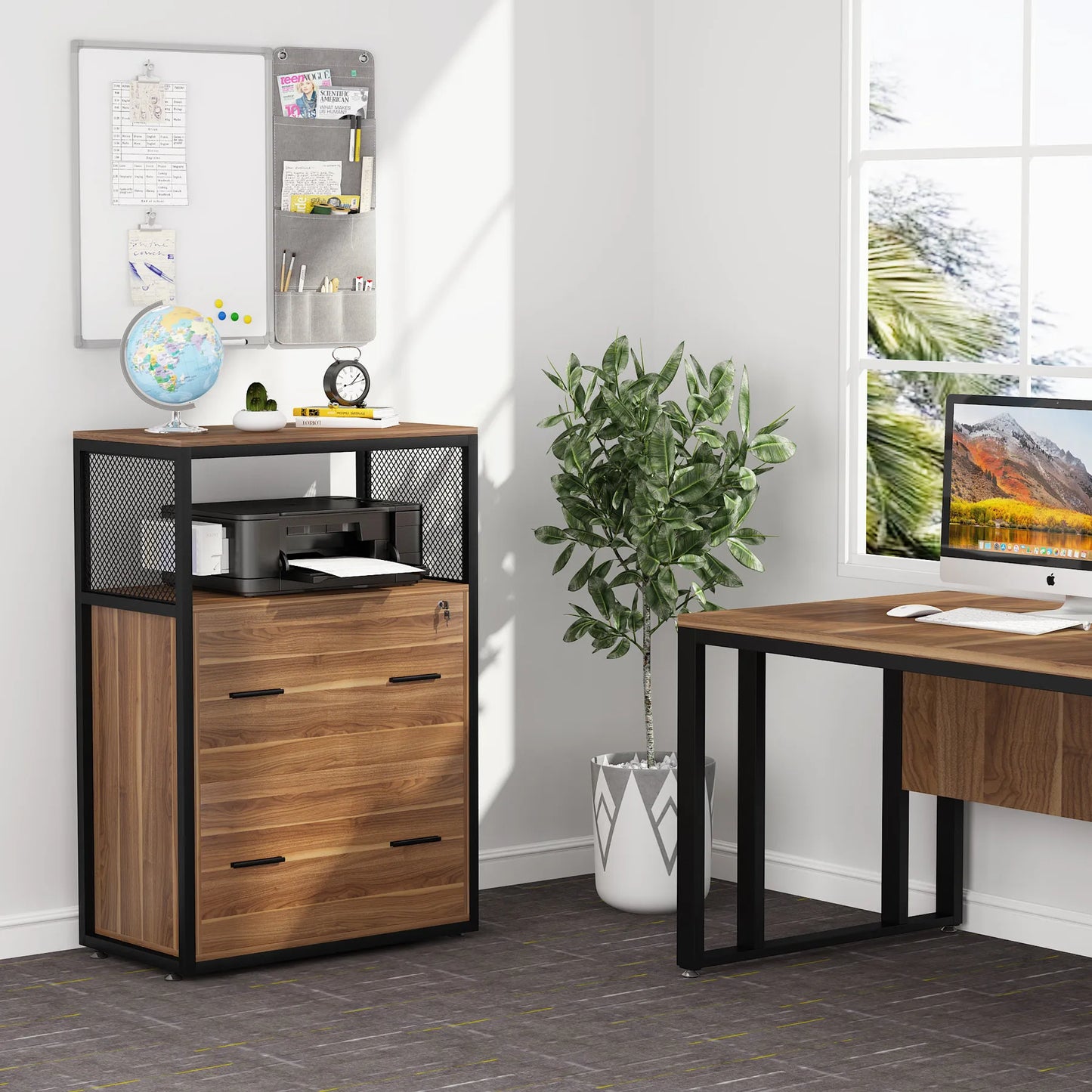 MonoWood 2 Drawer File Cabinet with Lock, Large Lateral Filing Cabinet for Letter/Legal / A4 Size, Wood Printer Stand