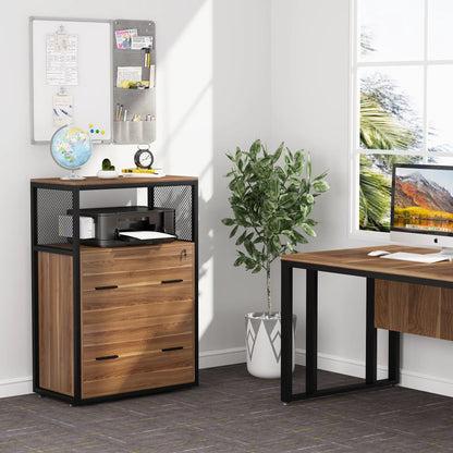 MonoWood 2 Drawer File Cabinet with Lock, Large Lateral Filing Cabinet for Letter/Legal / A4 Size, Wood Printer Stand