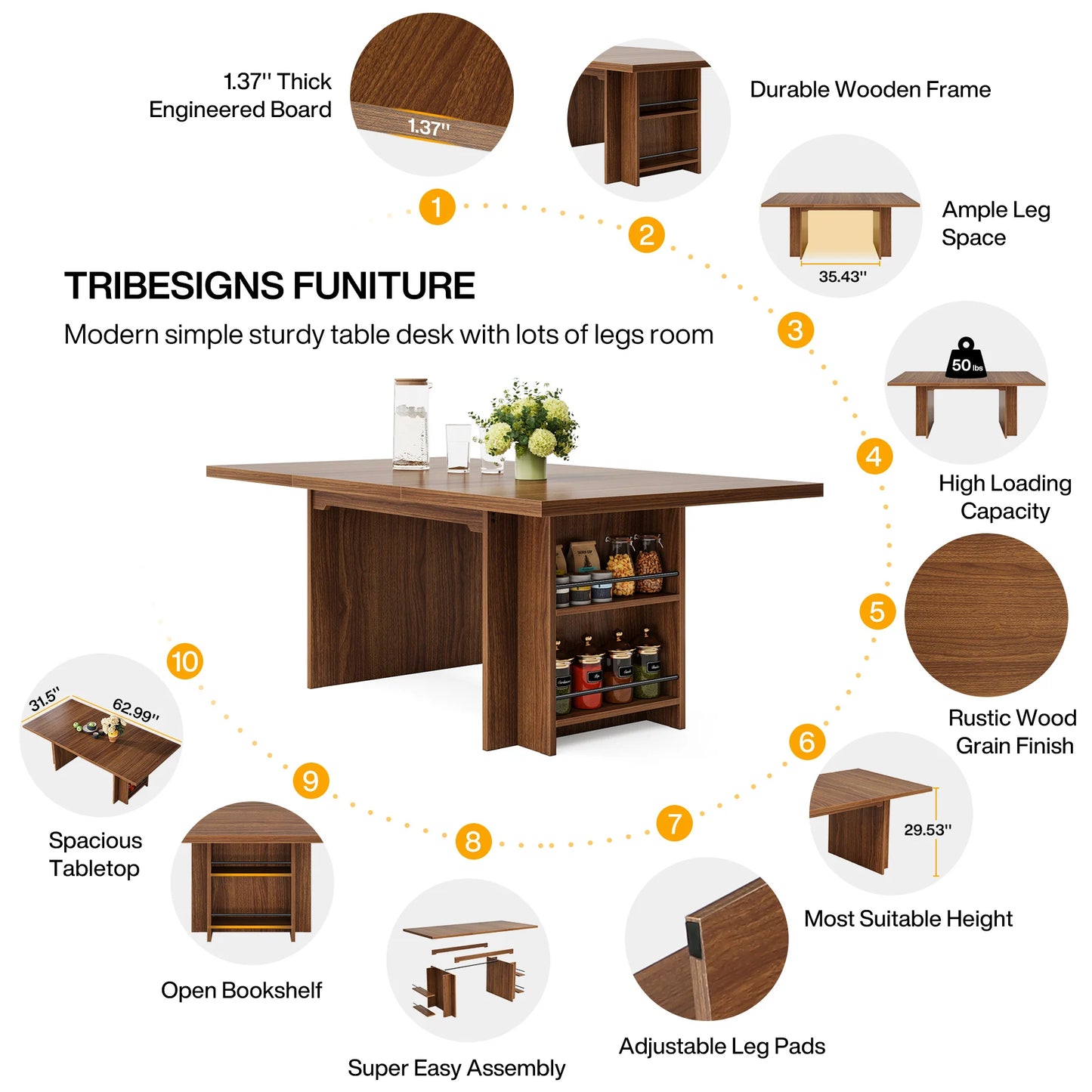 MonoWood Dining Table for 6 to 8, 63-Inch Rectangular Wooden Kitchen Table with Storage, Industrial Dinner Table with Shelves
