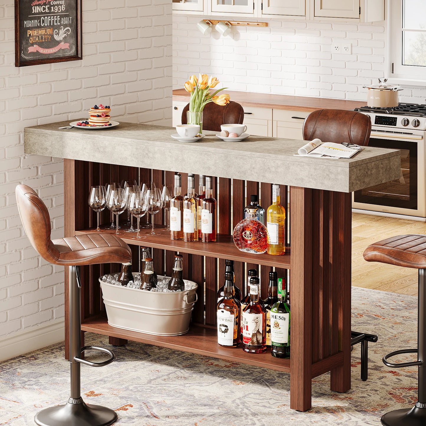 MonoWood 63-Inch Large Home Bar Unit, 2-Tier Mini Bar Table Height Pub Table with Footrest, Modern Coffee Bar Cabinet