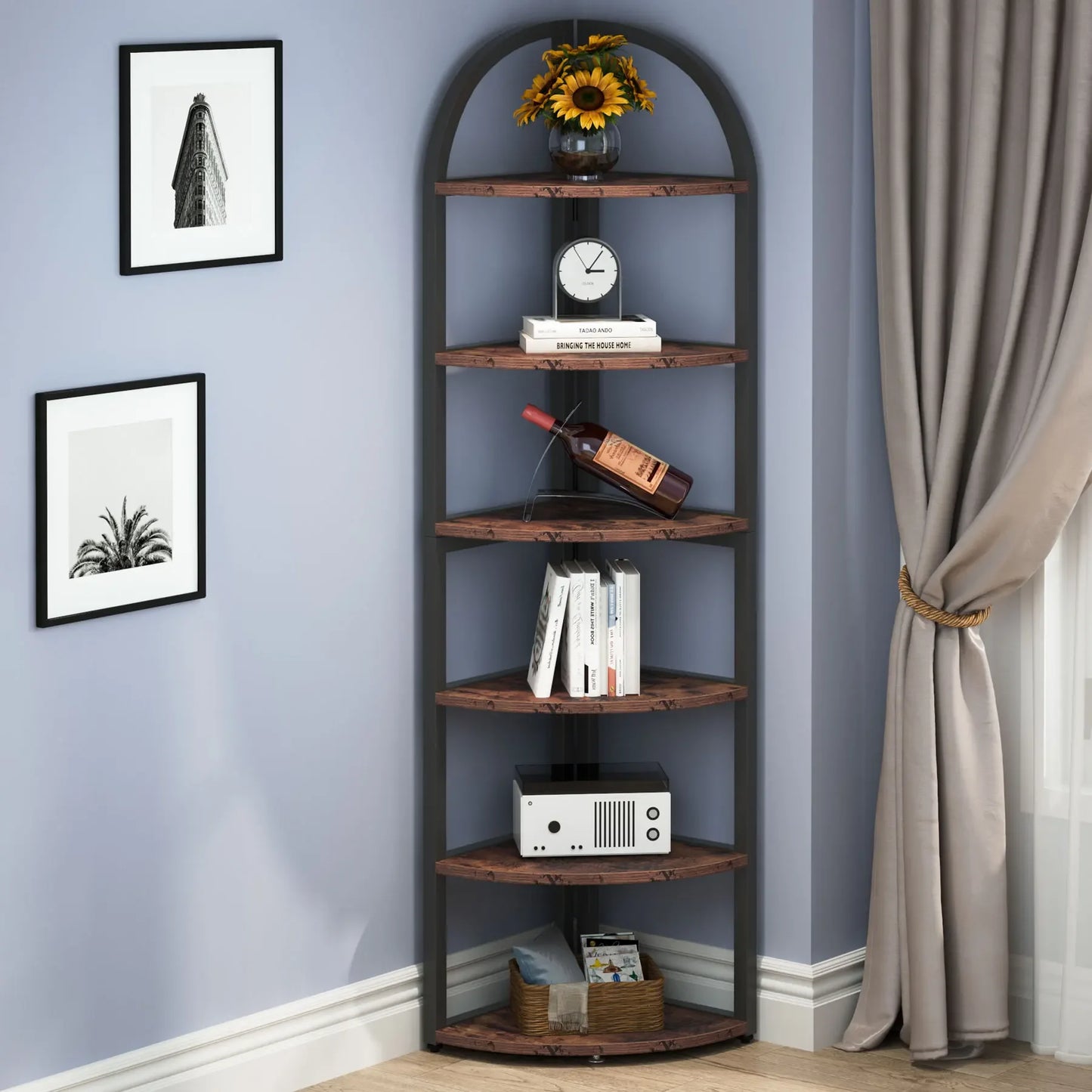 MonoWood 6 Tier Corner Shelf, 71 inch Tall Corner Bookshelf for Small Space, Rustic Plant Stand Display Rack