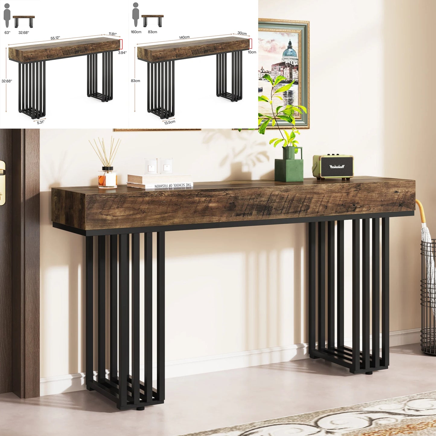 MonoWood 63-Inch Long Console Table, Farmhouse Wooden Sofa Table Behind The Couch, Narrow Entryway Table for Entrance, Hallway