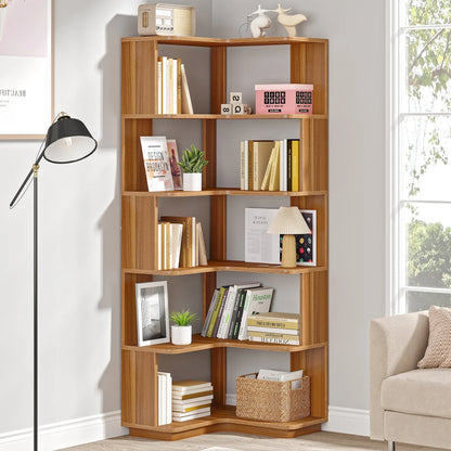 MonoWood 6 Tier Corner Bookshelf, 64.96 Inch Tall Industrial Corner Bookcase with Anti-Drop Panel,Wood Grain Corner Shelf