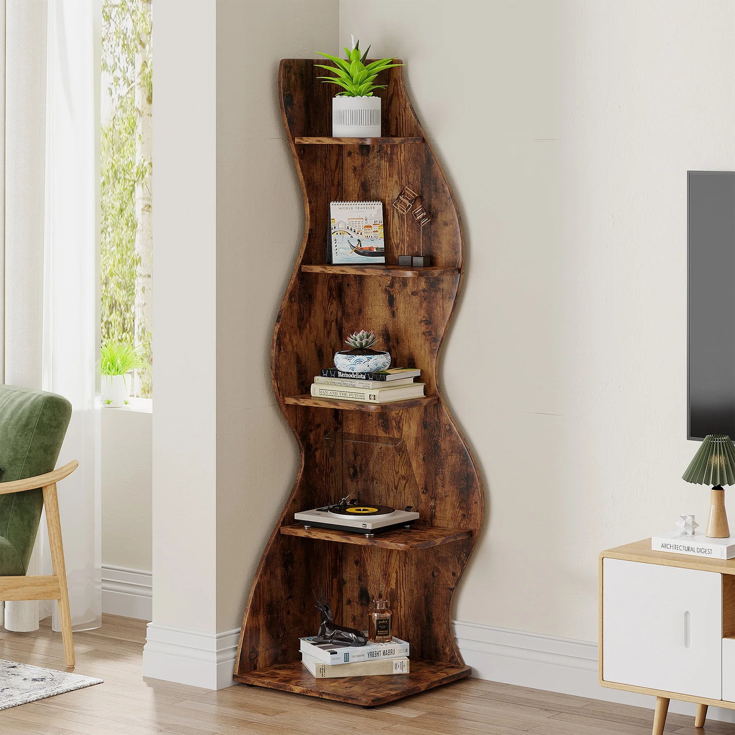 MonoWood 5-Tier Corner Shelf, Modern Wall Corner Bookshelf, Stylish Corner Small Bookcase Storage Rack Plant Stand
