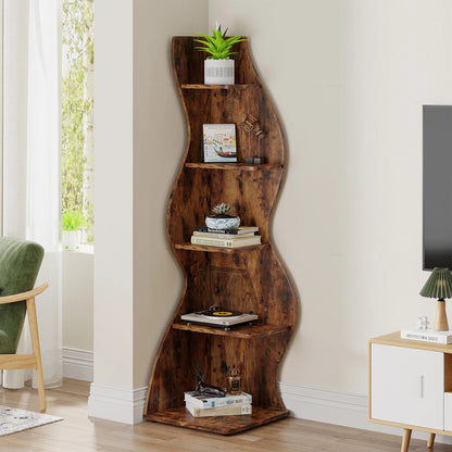 MonoWood 5-Tier Corner Shelf, Modern Wall Corner Bookshelf, Stylish Corner Small Bookcase Storage Rack Plant Stand