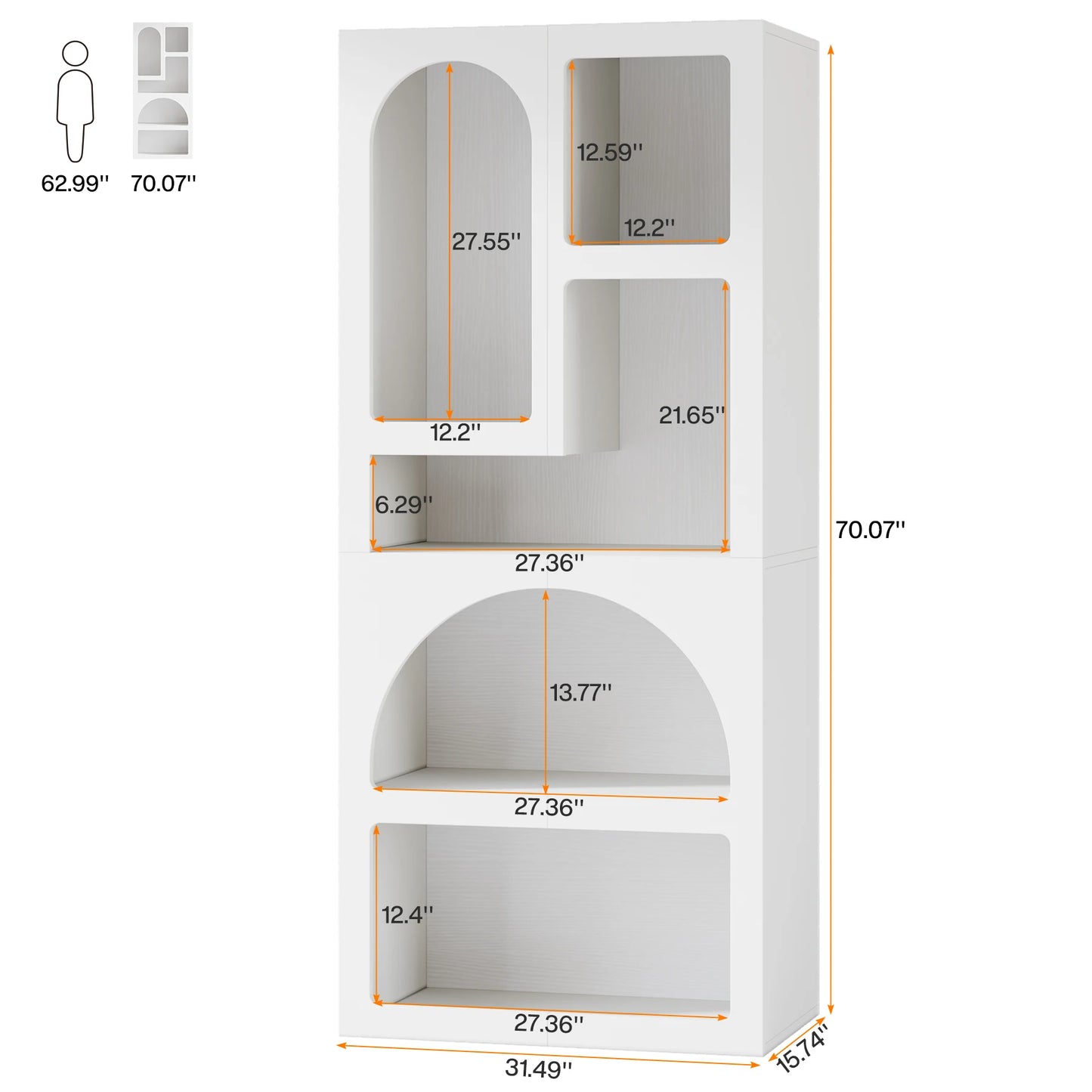 MonoWood 70.87" Tall Geometric Bookshelf, White Arched Bookcase with 5 Irregular Storage Shelves, Modern Open bookcase