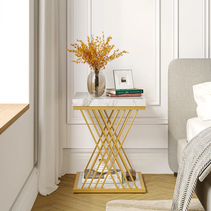 MonoWood Square Side Table White Gold Side Table, 2-Tier End Table Modern Bedside Table Small Side Table