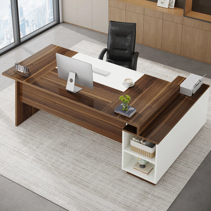 MonoWood L-Shaped Executive Office Desk, 70.5-Inch Mid-Century Modern Executive Desk with Storage Cabinet and Shelves
