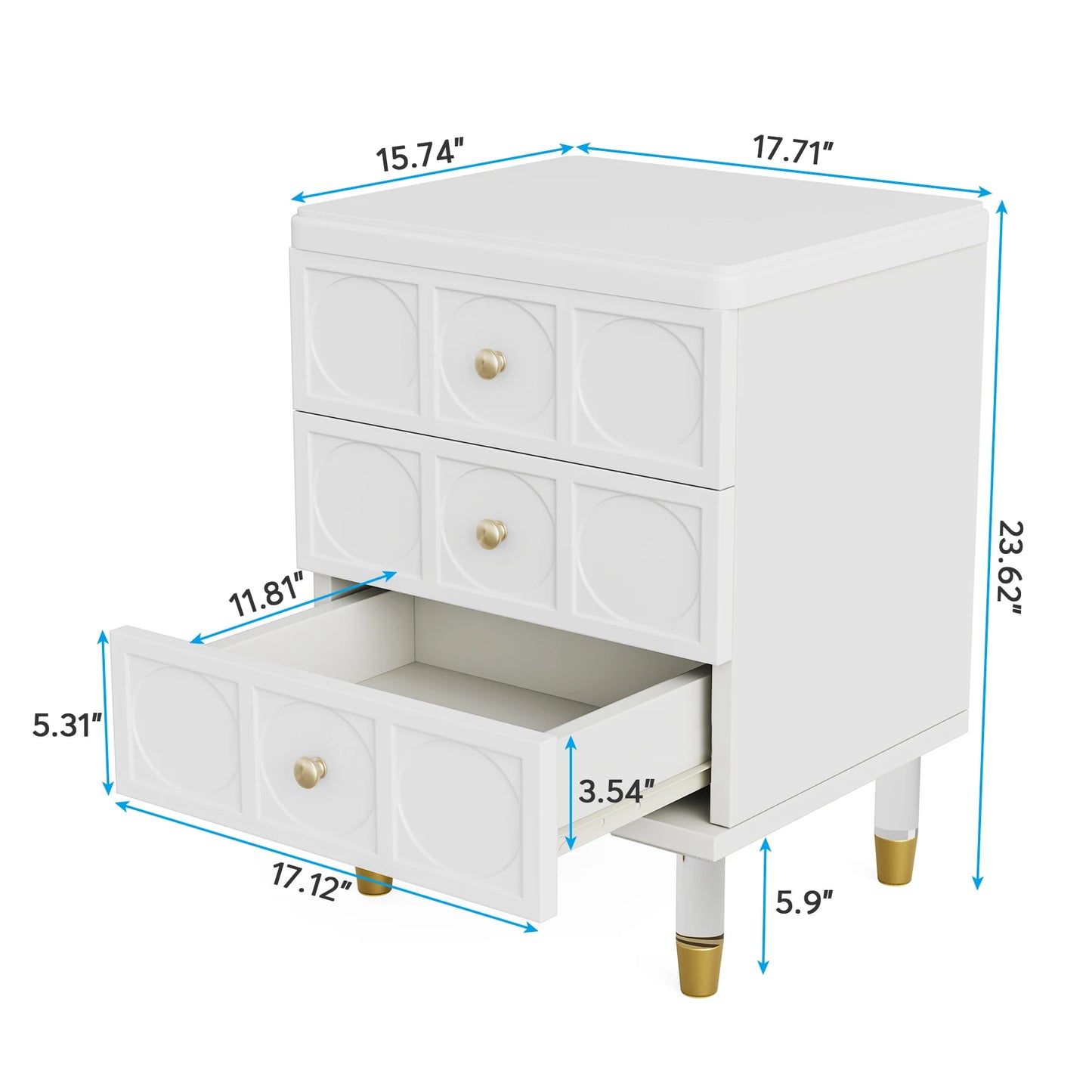 MonoWood 3-Drawer Nightstand Tall White and Gold Bedside Table with Drawers, Versatile Modern White Night Stand with Storage