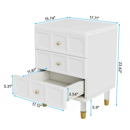 MonoWood 3-Drawer Nightstand Tall White and Gold Bedside Table with Drawers, Versatile Modern White Night Stand with Storage