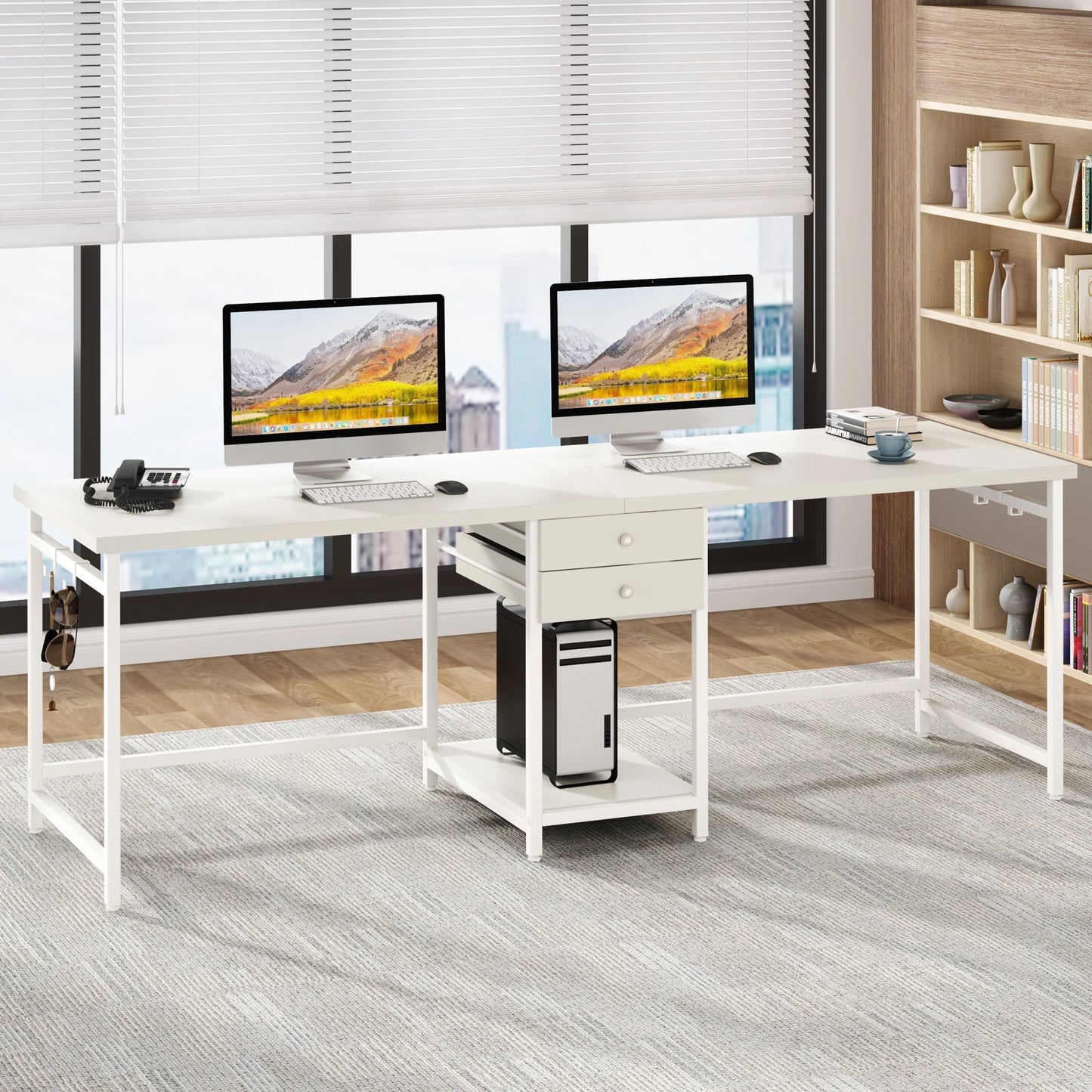MonoWood 78.74’’ Two Person Desk with 2 Drawers, Long Double Computer Desk Gaming Table with Shelves