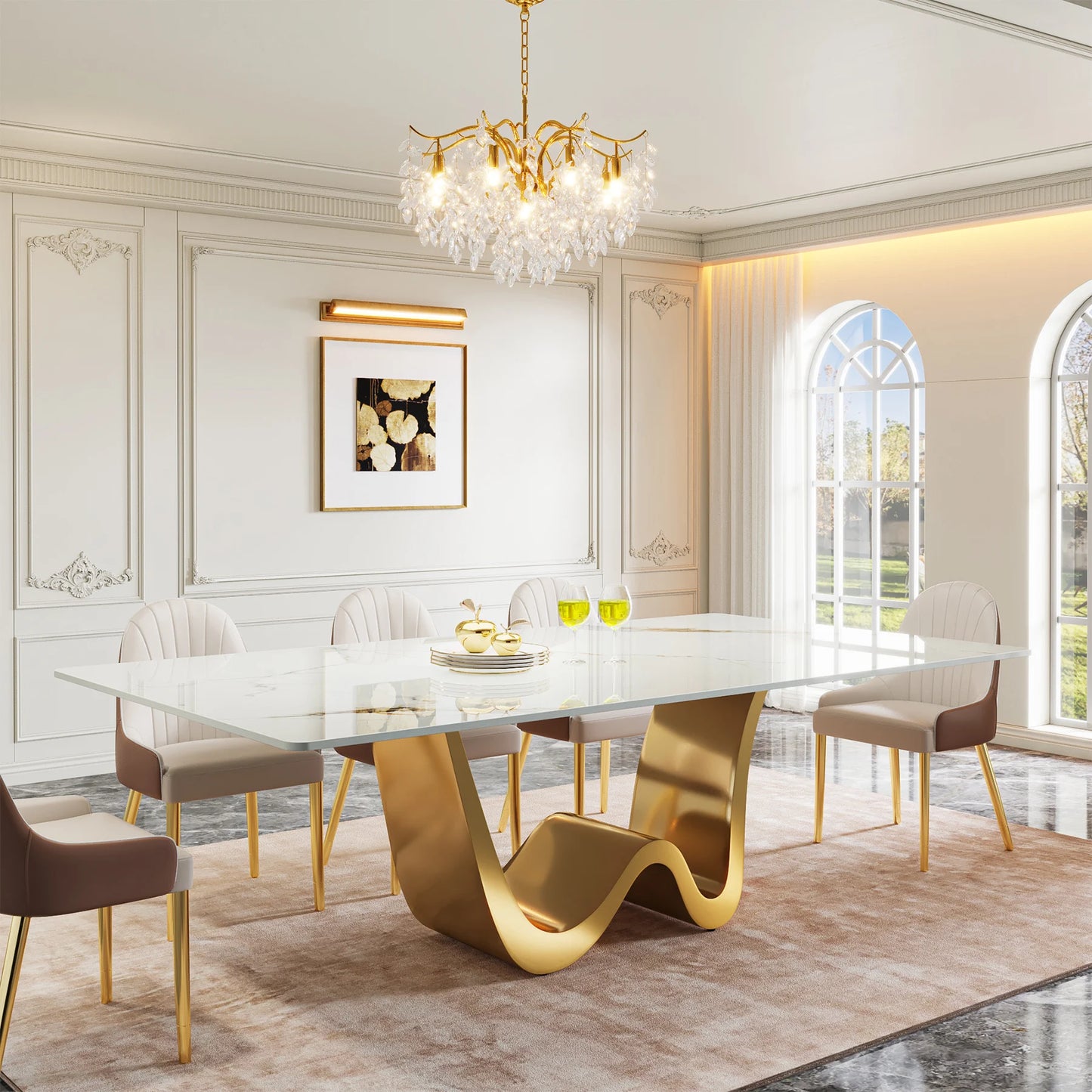 MonoWood 78.74" Sintered Stone Dining Table for 6-8, Modern Rectangle Dining Table, Luxury White & Gold Kitchen Table