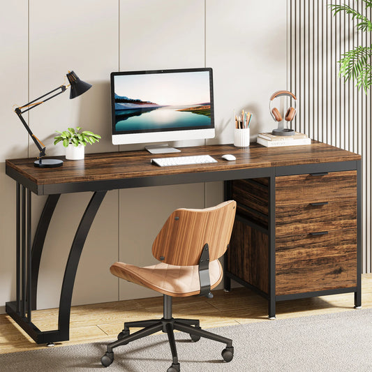 MonoWood Computer Desk with 3 Drawers, 59-Inch PC Desk with Reversible Drawers, Industrial Study Writing Table Workstation