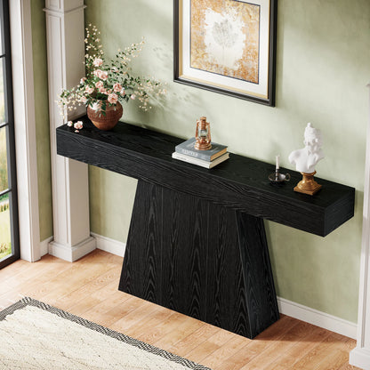 MonoWood 63" Black Console Table, Farmhouse Entryway Table with Trapezoidal Base, Narrow Long Wood Sofa Table