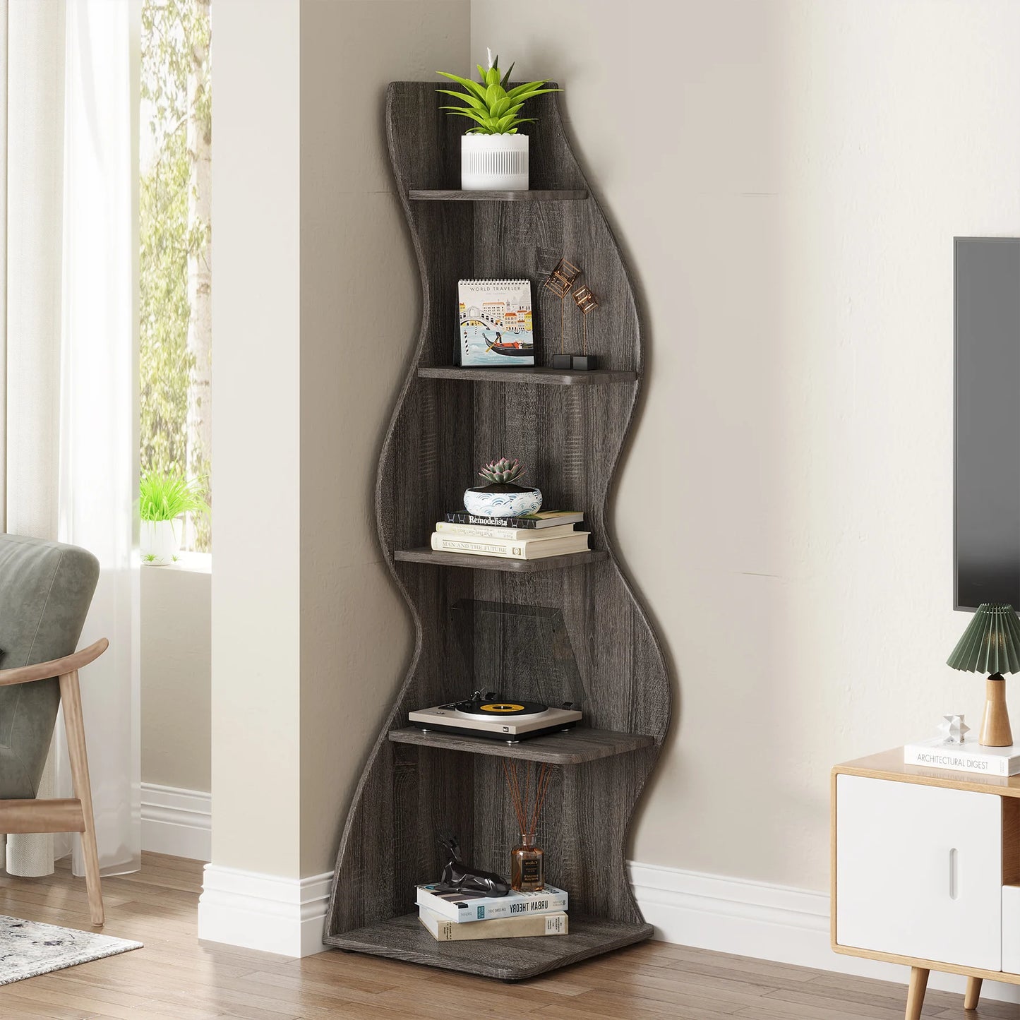MonoWood Corner Shelf, Modern 5-Tier Wall Corner Bookshelf, Stylish Corner Small Bookcase Storage Rack Plant Stand