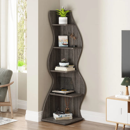 MonoWood Corner Shelf, Modern 5-Tier Wall Corner Bookshelf, Stylish Corner Small Bookcase Storage Rack Plant Stand