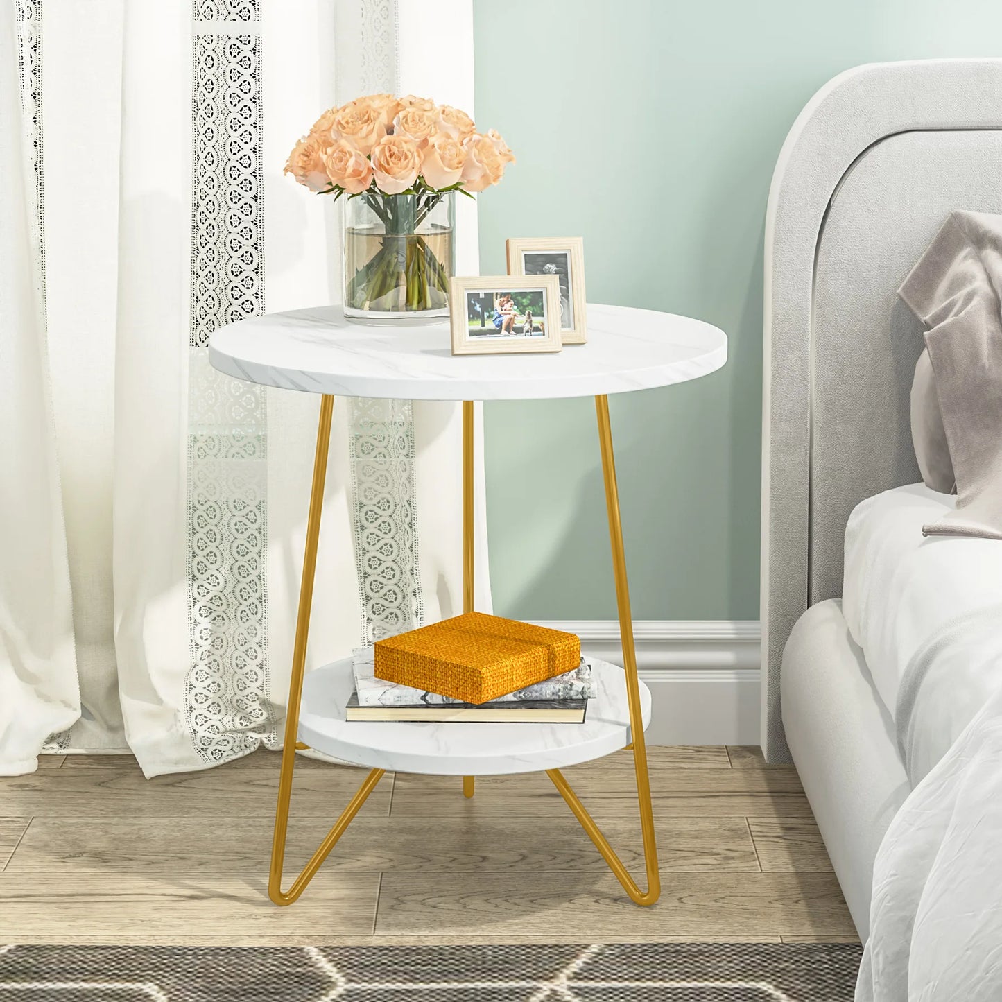 MonoWood 2 Tier Faux Marble End Table Round Side Table with Shelves Small Coffee Accent Table for Living Room, White and Gold
