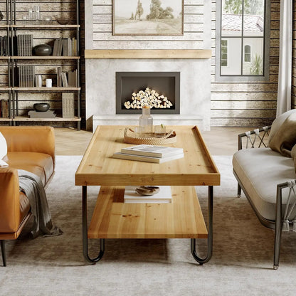 47.24-Inch Solid Wood Coffee Table, 2-Tier Rectangular Center Table with Curved Metal Legs, Industrial Coffee Desk for Living Ro