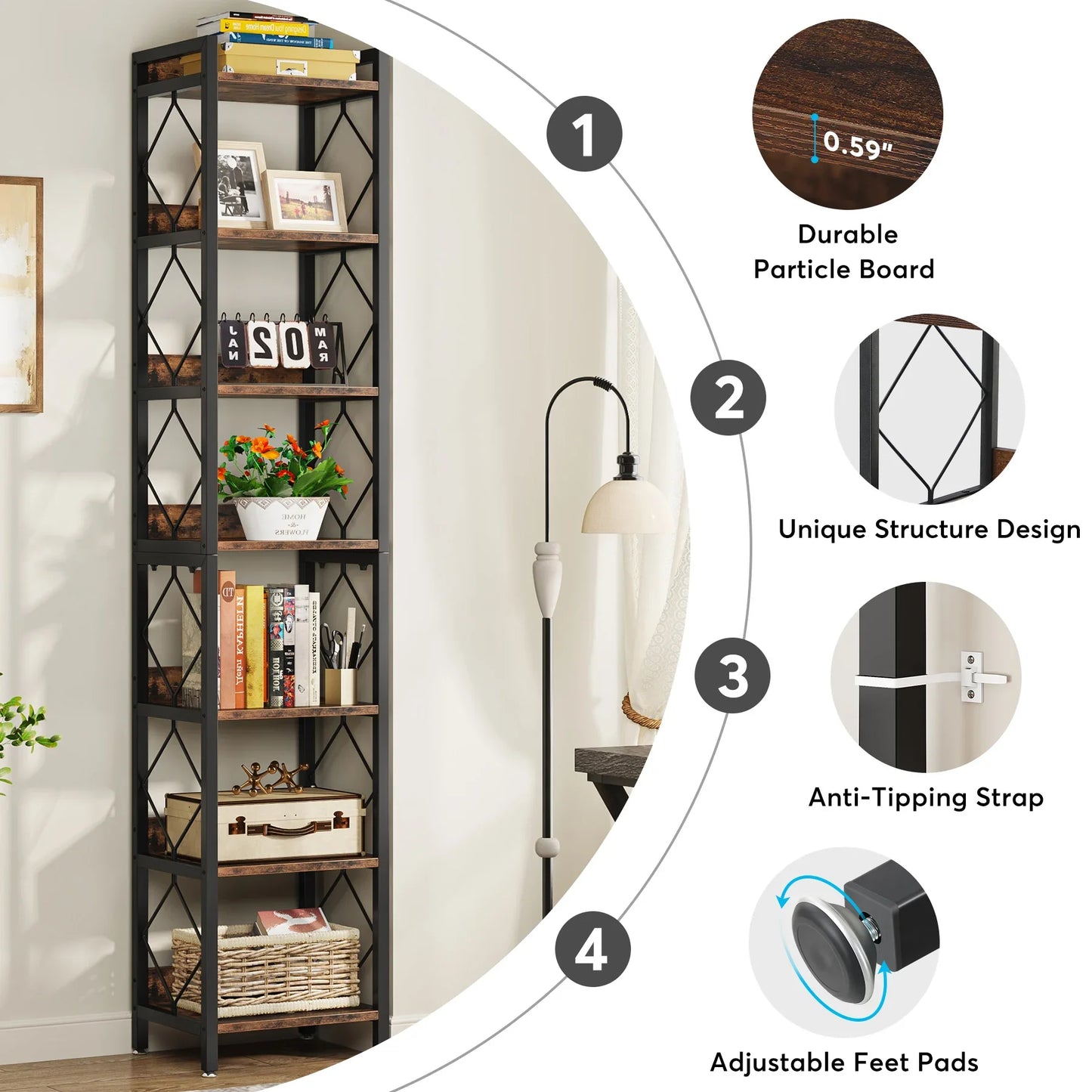 MonoWood 78.7 Inch Extra Tall Narrow Bookshelf, 7 Tier Skinny Bookcase for Small Spaces, Freestanding Display Shelves