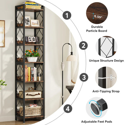 MonoWood 78.7 Inch Extra Tall Narrow Bookshelf, 7 Tier Skinny Bookcase for Small Spaces, Freestanding Display Shelves