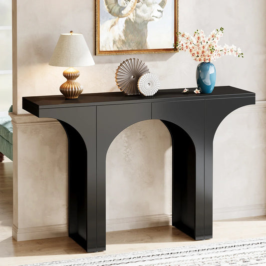 MonoWood 47 Inches Console Table, Black Entryway Table, Modern Hallway Table, Sofa Table with Arch Base, Unique Foyer Table