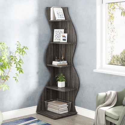 MonoWood 5-Tier Corner Shelf, Modern Wall Corner Bookshelf, Stylish Corner Small Bookcase Storage Rack Plant Stand