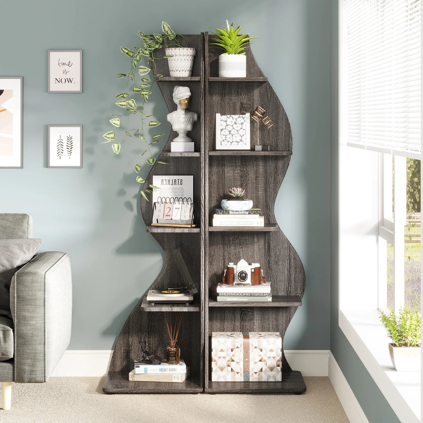 MonoWood Corner Shelf, Modern 5-Tier Wall Corner Bookshelf, Stylish Corner Small Bookcase Storage Rack Plant Stand