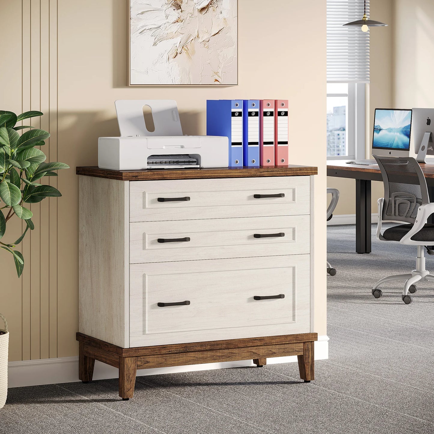 MonoWood 3-Drawer File Cabinet, Lateral Filing Cabinet for A4/Letter/Legal Size, Wood Office Storage Furniture Printer Stand