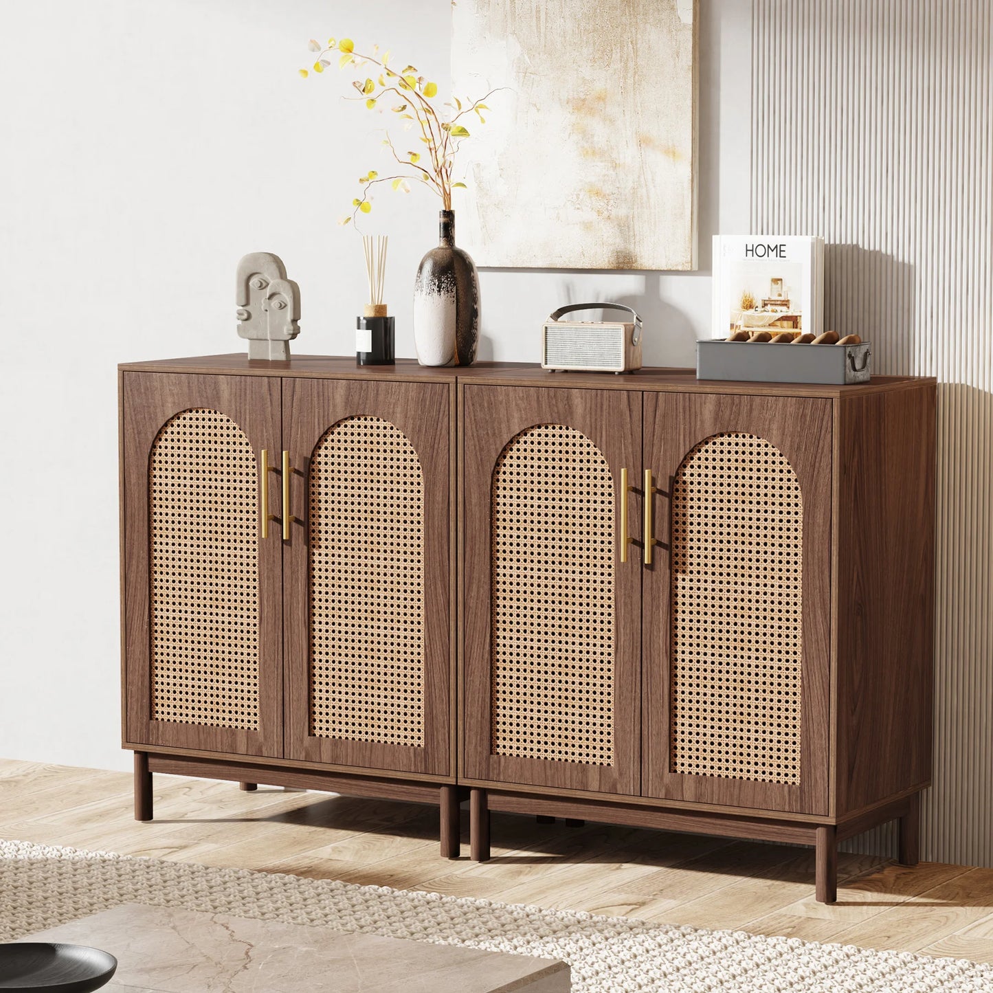 MonoWood Set of 2 Rattan Sideboard Buffet Cabinet with Storage, 59 Inch Accent Cabinet with Doors, Storage Cabinet for Dining